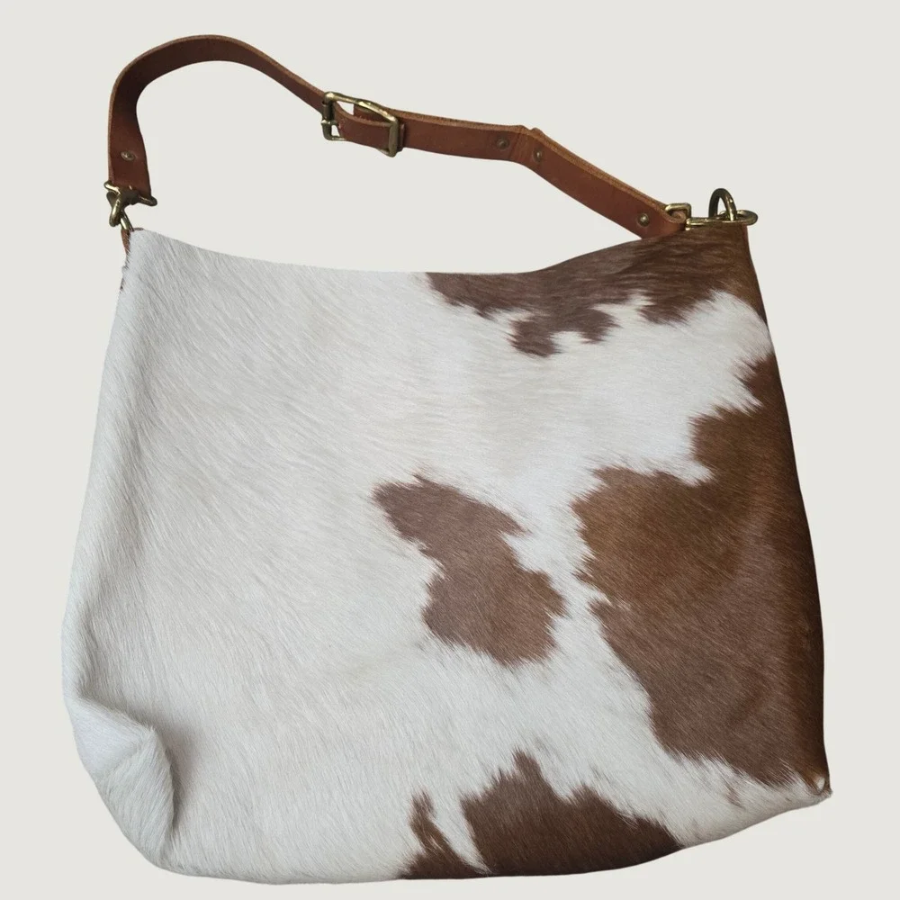 Handcrafted Cowhide Hobo Bag Brown White Hair Hide Leather Strap Large Western